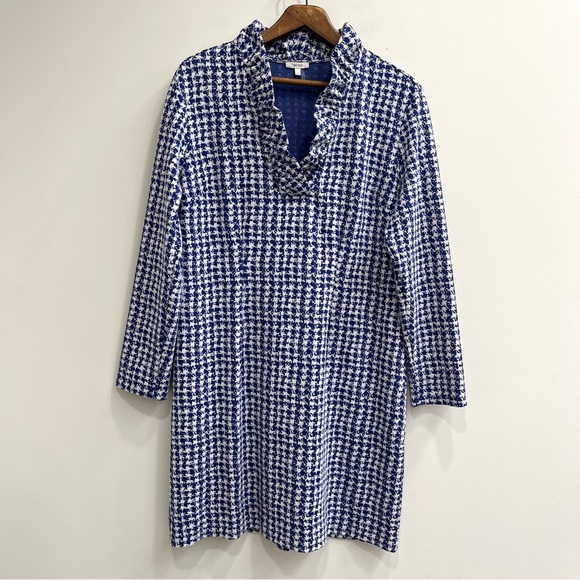 Tyler Boe Constance blue white etched houndstooth sheath dress ruffle neckline - Picture 2 of 11